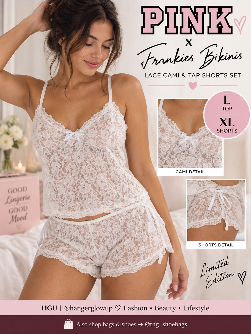 PINK x Frankies Bikinis White Lace Cami & Tap Shorts L/XL NWT